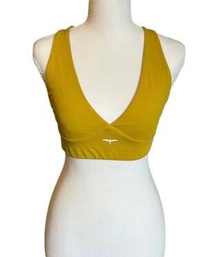 Yellow Halter Sports Bra with Criss-Cross Back and Logo